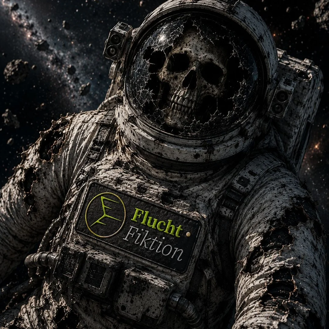 Astronaut mit Totenkopf-Visier und FluchtFiktion-Patch, Motiv aus dem Projekt FluchtpunktFiktion von Jonathan Regler