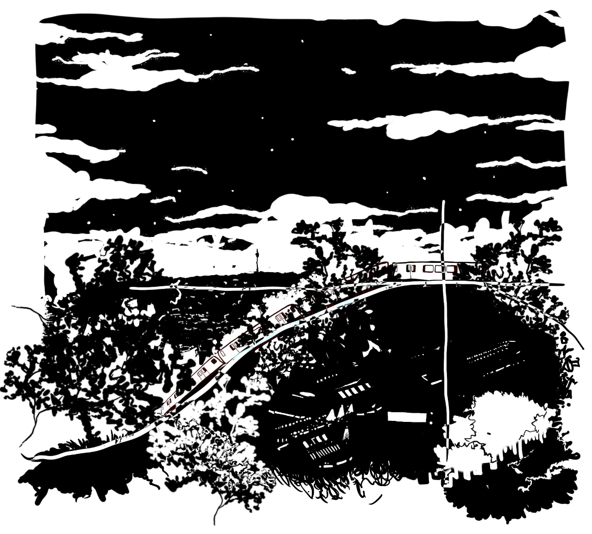 Illustration aus dem Buch: eine Bahn auf einer Hochtrasse, umgeben von Bäumen unter einem Nachthimmel