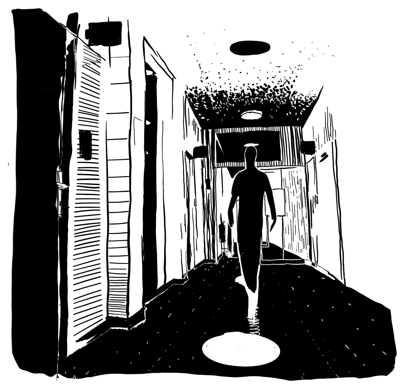 Illustration aus dem Buch: ein Mann geht alleine durch einen dunklen Schulflur, über ihm eine Lampe, vor ihm ein verzerrtes Spiegelbild